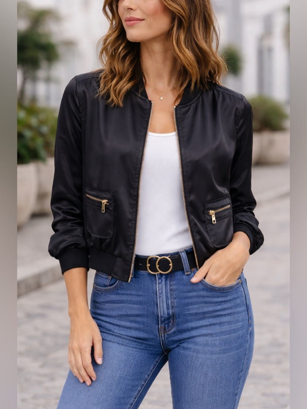 Jennifer Lopez Black Bomber Jacket with Gold Zippers